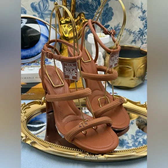 🆕 ARMANI EXCHANGE 🧿 NWOB Heeled Sandals with Straps, Brown - Sz US 5 EU 36