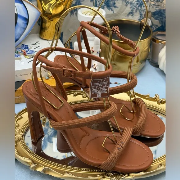 🆕 ARMANI EXCHANGE 🧿 NWOB Heeled Sandals with Straps, Brown - Sz US 5 EU 36