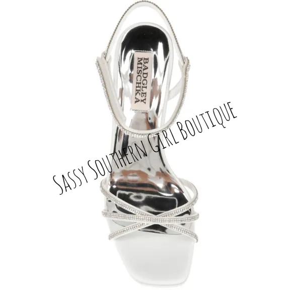 🆕⭐ BADGLEY MISCHKA white satin rhinestone heel sandals