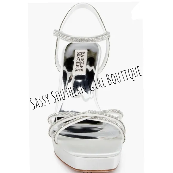 🆕⭐ BADGLEY MISCHKA white satin rhinestone heel sandals