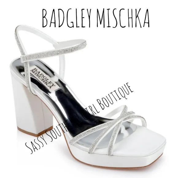 🆕⭐ BADGLEY MISCHKA white satin rhinestone heel sandals
