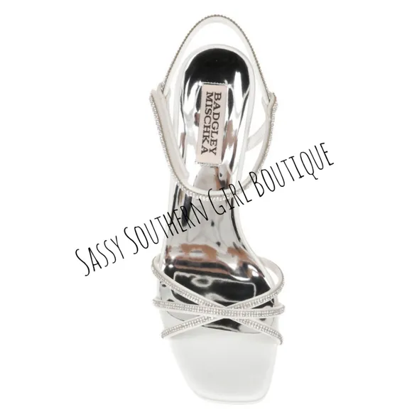 🆕⭐ BADGLEY MISCHKA white satin rhinestone heel sandals