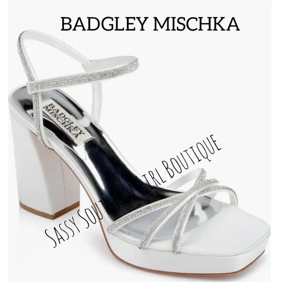 🆕⭐ BADGLEY MISCHKA white satin rhinestone heel sandals