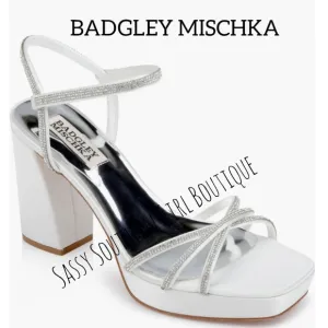 🆕⭐ BADGLEY MISCHKA white satin rhinestone heel sandals