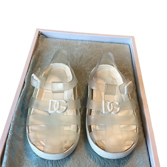🚨 Dolce &amp; Gabbana Kids DG Logo White Jelly Sandals Sz 24 Italy