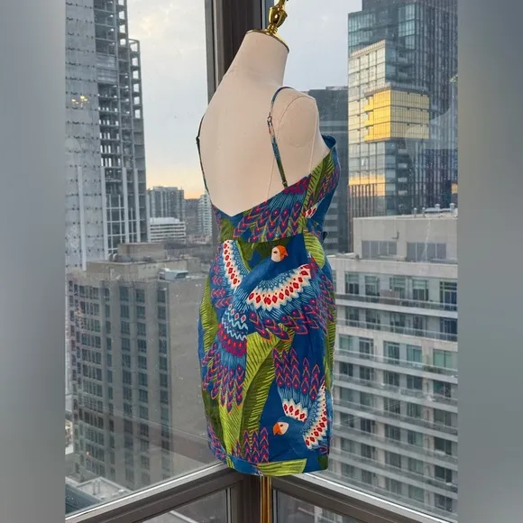 🆕 FARM Rio 🧿 NWOT Blue Macaw Linen Mini Dress, Sz XS *MISSING BELT*
