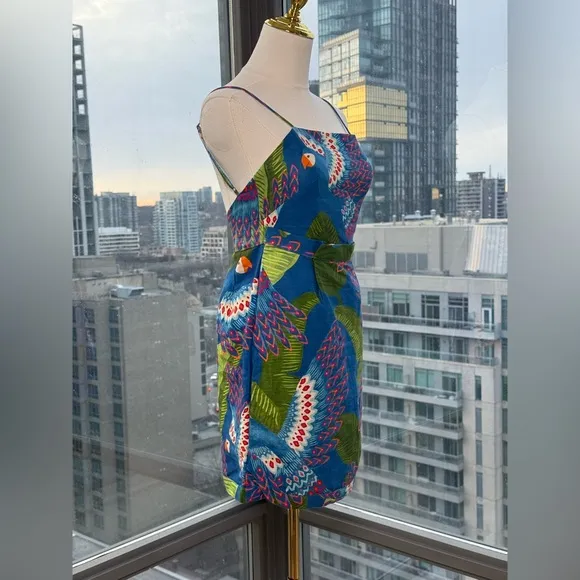 🆕 FARM Rio 🧿 NWOT Blue Macaw Linen Mini Dress, Sz XS *MISSING BELT*