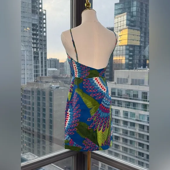 🆕 FARM Rio 🧿 NWOT Blue Macaw Linen Mini Dress, Sz XS *MISSING BELT*