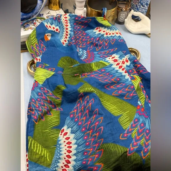 🆕 FARM Rio 🧿 NWOT Blue Macaw Linen Mini Dress, Sz XS *MISSING BELT*