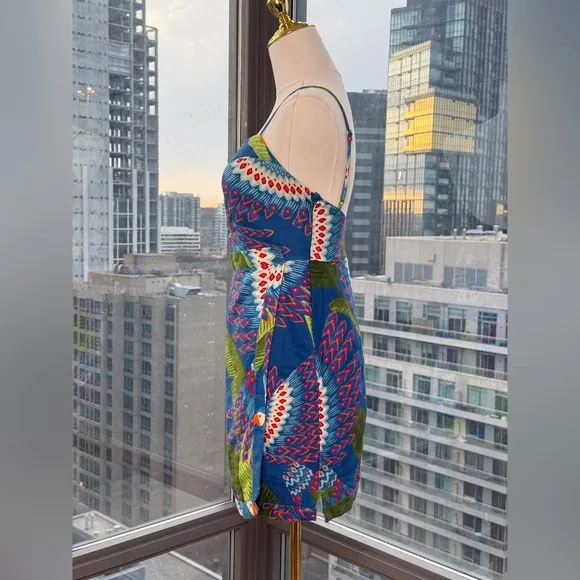 🆕 FARM Rio 🧿 NWOT Blue Macaw Linen Mini Dress, Sz XS *MISSING BELT*