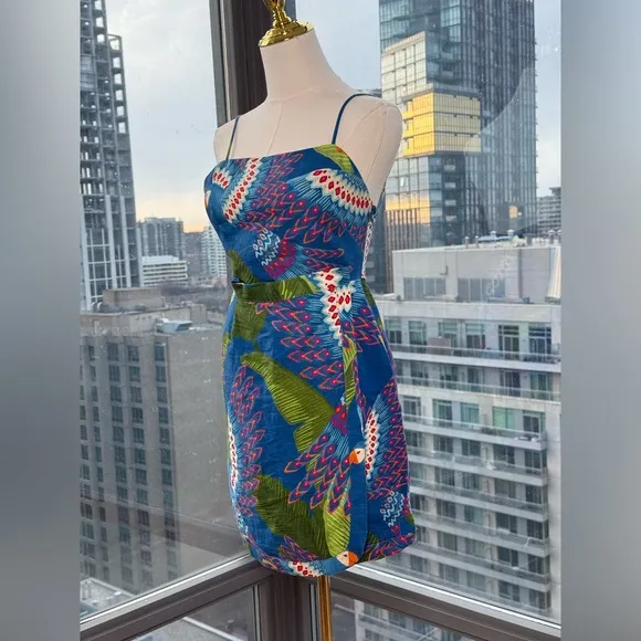 🆕 FARM Rio 🧿 NWOT Blue Macaw Linen Mini Dress, Sz XS *MISSING BELT*