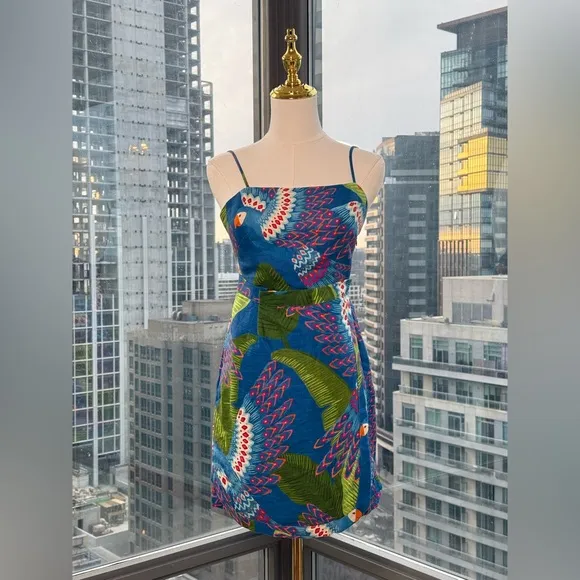 🆕 FARM Rio 🧿 NWOT Blue Macaw Linen Mini Dress, Sz XS *MISSING BELT*