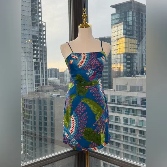 🆕 FARM Rio 🧿 NWOT Blue Macaw Linen Mini Dress, Sz XS *MISSING BELT*