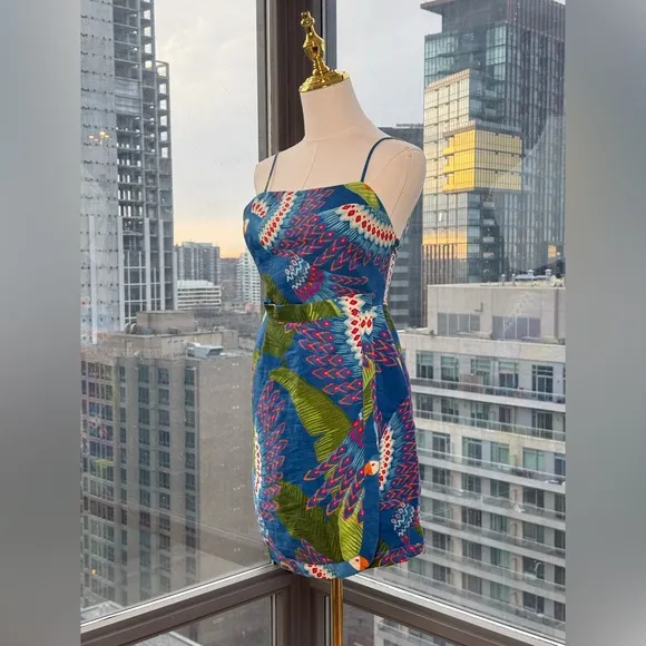 🆕 FARM Rio 🧿 NWOT Blue Macaw Linen Mini Dress, Sz XS *MISSING BELT*