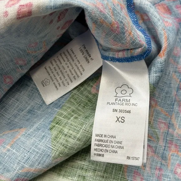 🆕 FARM Rio 🧿 NWOT Blue Macaw Linen Mini Dress, Sz XS *MISSING BELT*
