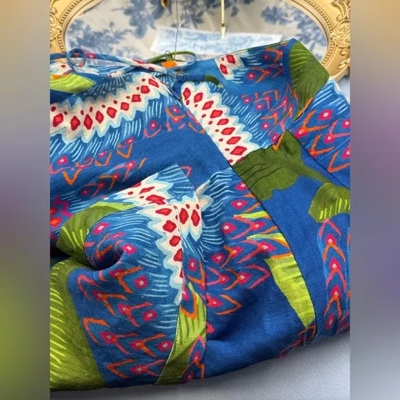 🆕 FARM Rio 🧿 NWOT Blue Macaw Linen Mini Dress, Sz XS *MISSING BELT*