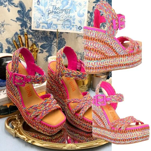 🆕 GIANNI BINI 🧿 NWOB Santi Woven Beaded Wedge Sandals - Rainbow Multi, Sz US 8