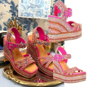 🆕 GIANNI BINI 🧿 NWOB Santi Woven Beaded Wedge Sandals - Rainbow Multi, Sz US 8