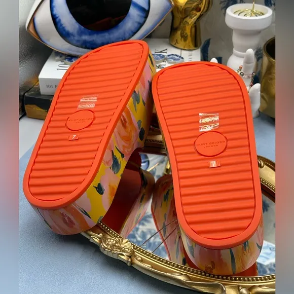🆕 KURT GEIGER LONDON 🧿 NWOB Eagle Chunky Rubber Slide, Orange Floral, Sz US 7