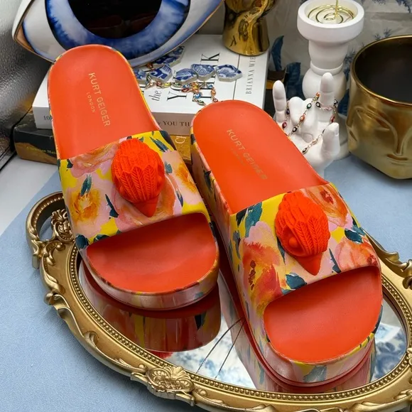 🆕 KURT GEIGER LONDON 🧿 NWOB Eagle Chunky Rubber Slide, Orange Floral, Sz US 7