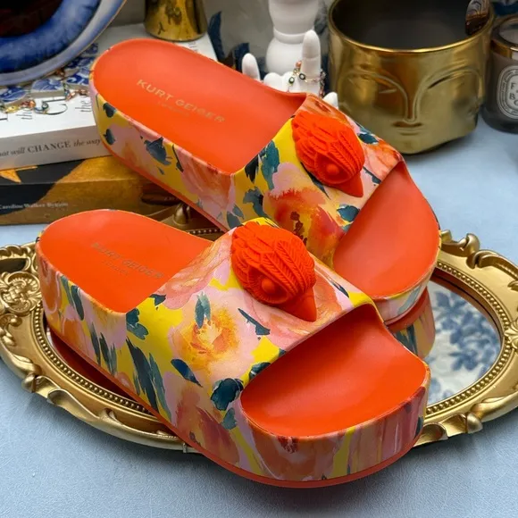 🆕 KURT GEIGER LONDON 🧿 NWOB Eagle Chunky Rubber Slide, Orange Floral, Sz US 7