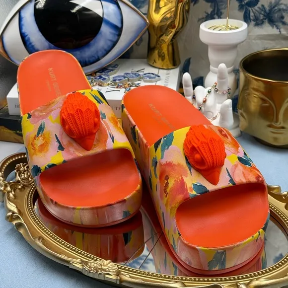 🆕 KURT GEIGER LONDON 🧿 NWOB Eagle Chunky Rubber Slide, Orange Floral, Sz US 7