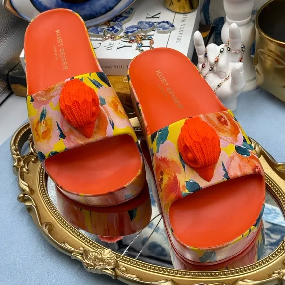 🆕 KURT GEIGER LONDON 🧿 NWOB Eagle Chunky Rubber Slide, Orange Floral, Sz US 7
