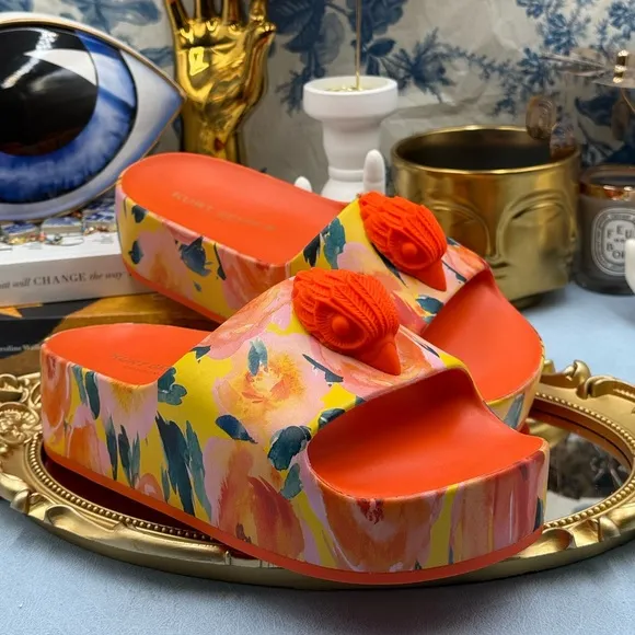🆕 KURT GEIGER LONDON 🧿 NWOB Eagle Chunky Rubber Slide, Orange Floral, Sz US 7