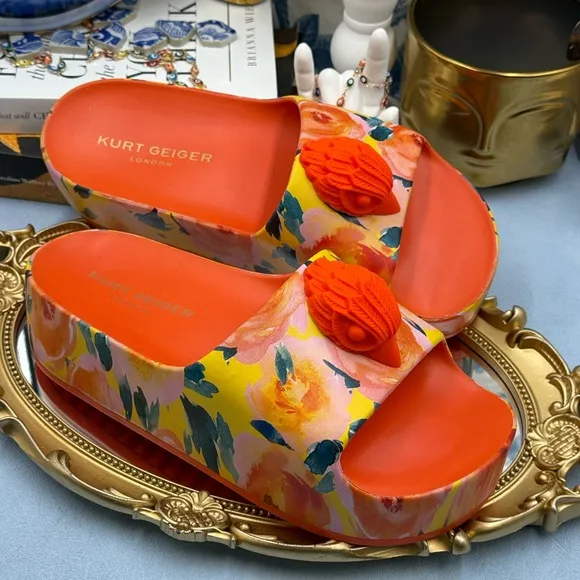 🆕 KURT GEIGER LONDON 🧿 NWOB Eagle Chunky Rubber Slide, Orange Floral, Sz US 7