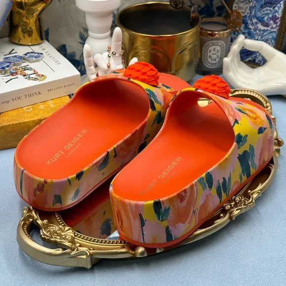 🆕 KURT GEIGER LONDON 🧿 NWOB Eagle Chunky Rubber Slide, Orange Floral, Sz US 7