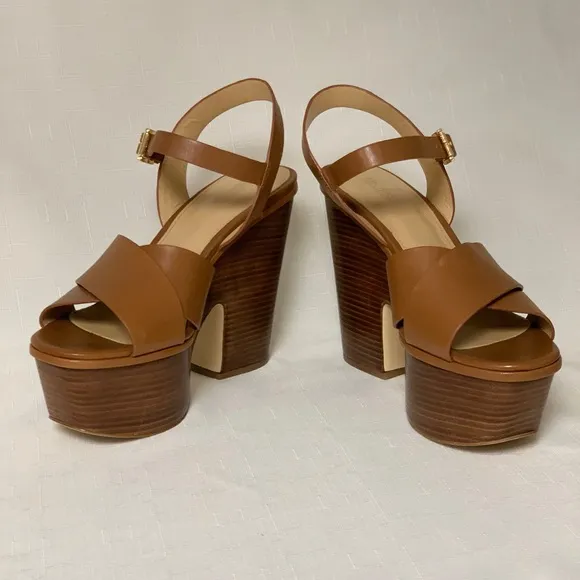 🆕 Michael Kors Platform Sandal Women's 8.5 Sia Leather Brown Boho Sexy Trendy