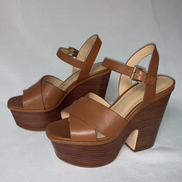 🆕 Michael Kors Platform Sandal Women's 8.5 Sia Leather Brown Boho Sexy Trendy