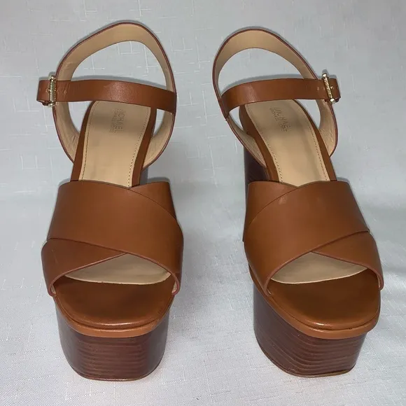 🆕 Michael Kors Platform Sandal Women's 8.5 Sia Leather Brown Boho Sexy Trendy