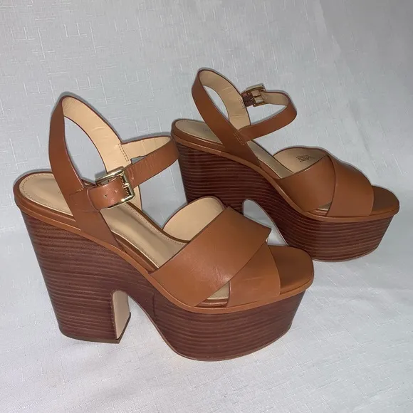 🆕 Michael Kors Platform Sandal Women's 8.5 Sia Leather Brown Boho Sexy Trendy