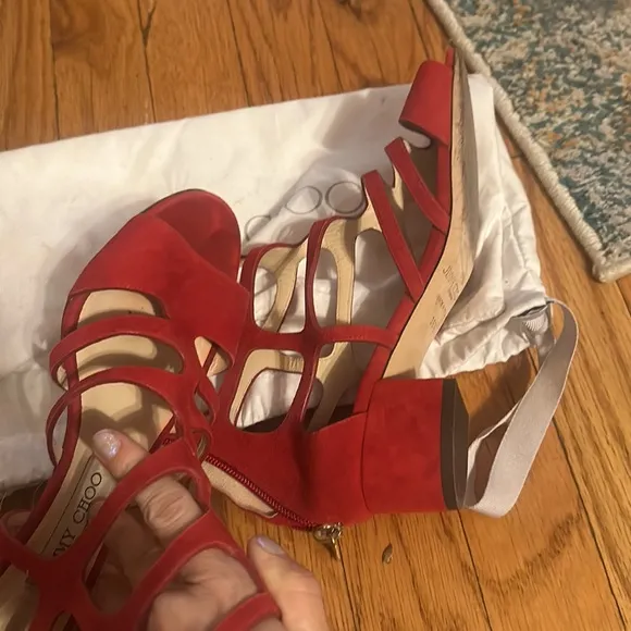 ❤️ Red suede Jimmy Choo cage sandals!