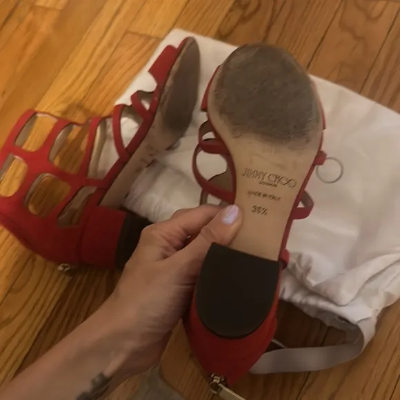 ❤️ Red suede Jimmy Choo cage sandals!