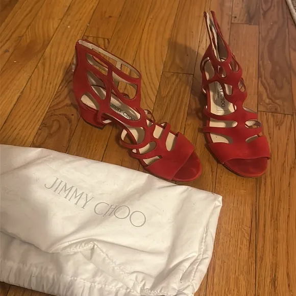 ❤️ Red suede Jimmy Choo cage sandals!
