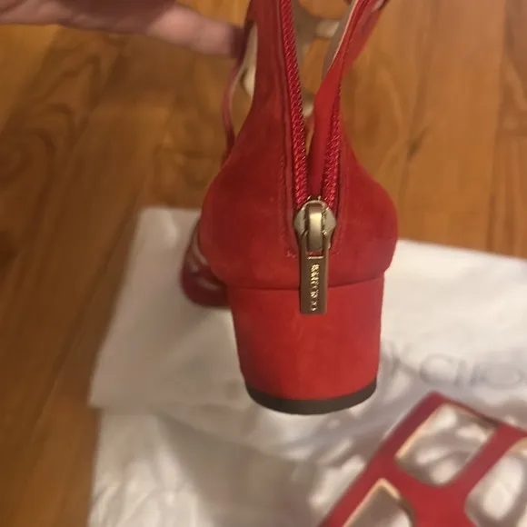 ❤️ Red suede Jimmy Choo cage sandals!