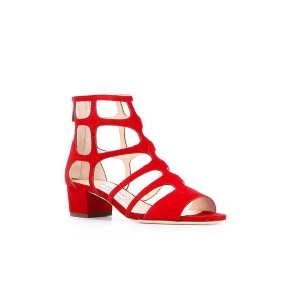 ❤️ Red suede Jimmy Choo cage sandals!