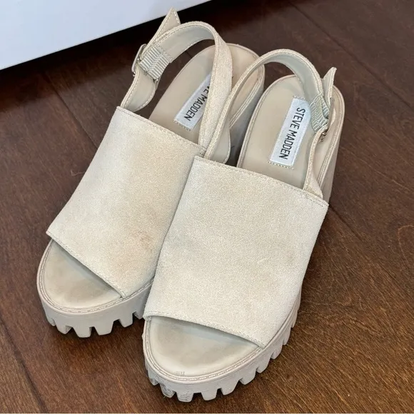 🛍️ Steve Madden Beige Sandy Sunnyside Slingback Lug Sole Sandals Heels Size 7