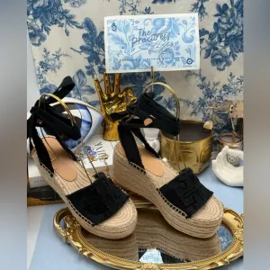 🆕 TORY BURCH 🧿 NWOB Ines Espadrille Wedge Sandal, 80 MM - Black - Sz US 7