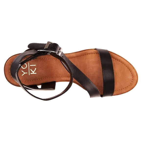 . Yoki Black/Brown/Tan Faux Wood Heeled Sandals