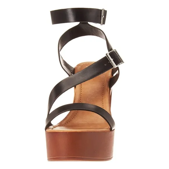 . Yoki Black/Brown/Tan Faux Wood Heeled Sandals
