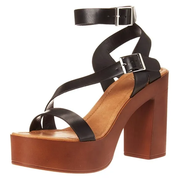 . Yoki Black/Brown/Tan Faux Wood Heeled Sandals