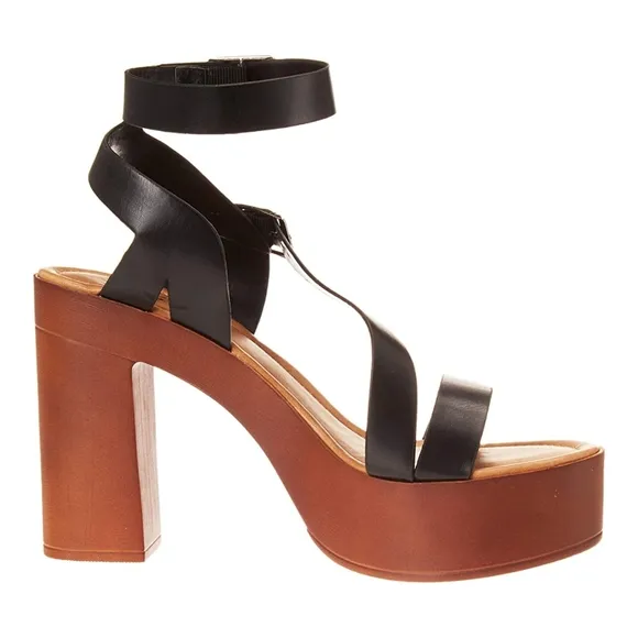 . Yoki Black/Brown/Tan Faux Wood Heeled Sandals