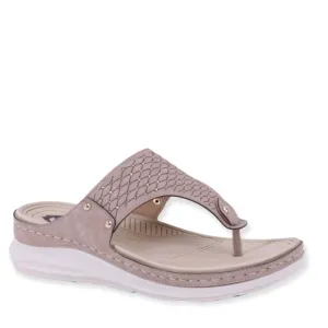 1 Left! Italina Tan Comfort White Textured Rhinestone Thong Slip-On Wedge Sandal