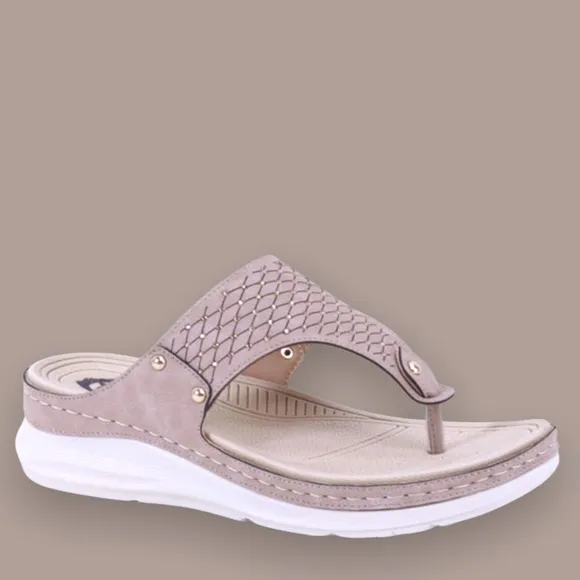 1 Left! Italina Tan Comfort White Textured Rhinestone Thong Slip-On Wedge Sandal
