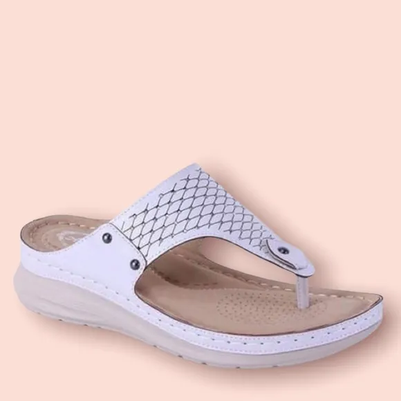1 Left! Italina Tan Comfort White Textured Rhinestone Thong Slip-On Wedge Sandal