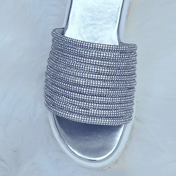 3 Left! White Platform Silver Rhinestone Embellished Wedge Slide-In Sandal