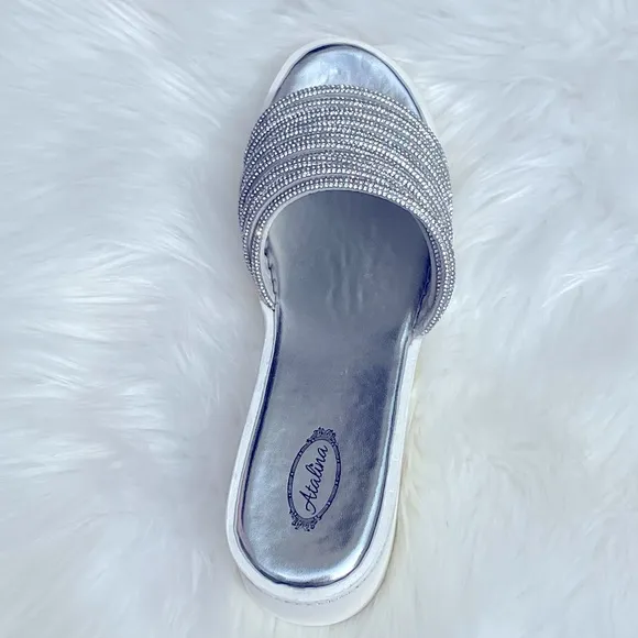 3 Left! White Platform Silver Rhinestone Embellished Wedge Slide-In Sandal